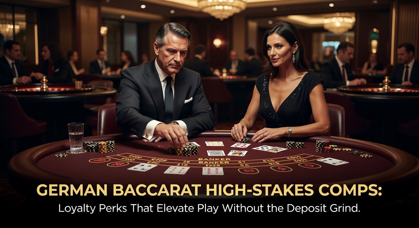 High-Stakes Baccarat Tische in einem luxuriösen deutschen Casino mit VIP-Elementen und Loyalty-Karten im Vordergrund