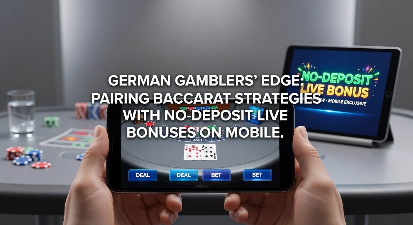 Smartphone mit Live-Baccarat-Tisch und Bonus-Symbolen, das die mobile No-Deposit-Nutzung für deutsche Spieler zeigt
