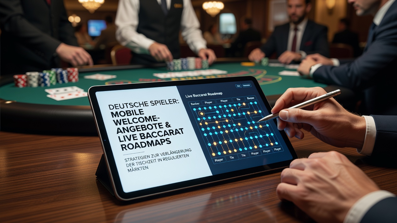 Darstellung der Kombination mobiler Willkommensangebote mit Live-Baccarat-Roadmaps auf einem Smartphone-Display in einem regulierten Casino-Setting