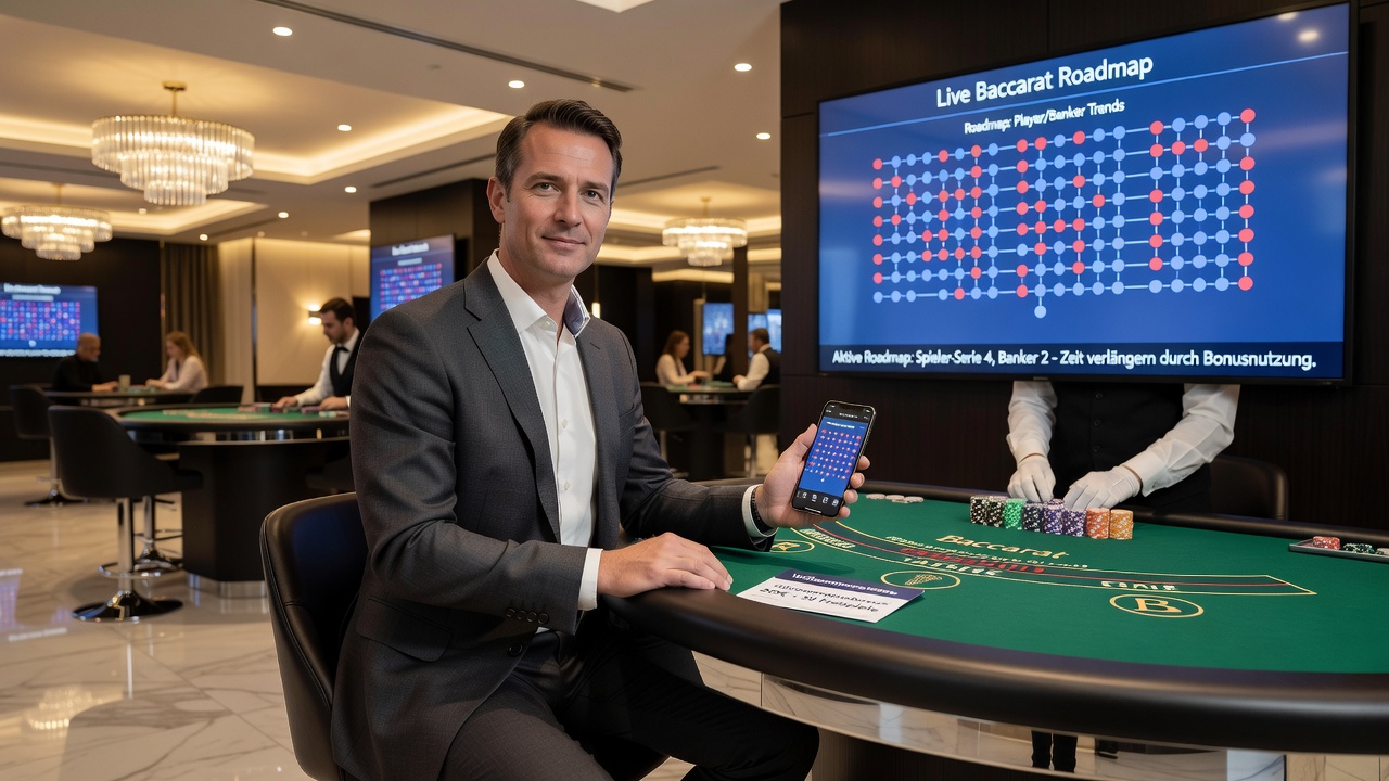 Beispiel einer Live-Baccarat-Roadmap auf einem mobilen Bildschirm mit integriertem Bonusfortschritt in einem deutschen Casino
