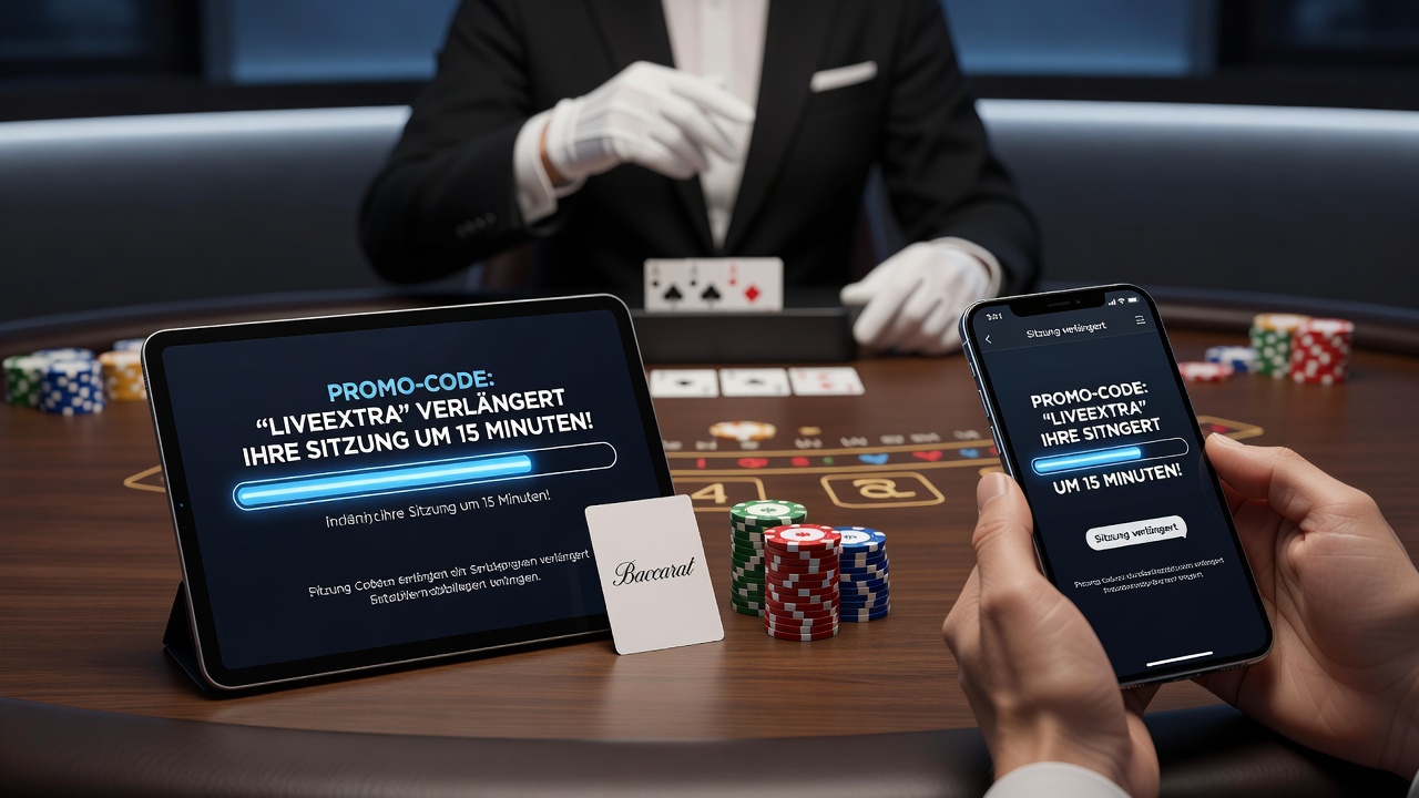 Live-Baccarat-Tisch mit mobilen Geräten und Promo-Code-Elementen