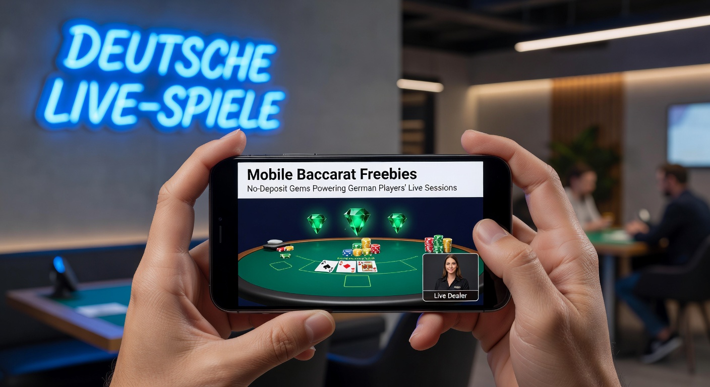 Smartphone mit Live-Baccarat-Tisch und No-Deposit-Bonus-Pop-up für mobile Spieler