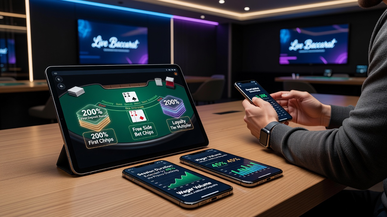 Mobile Live-Baccarat-Session mit gestaffelten Promotionsebenen auf einem Smartphone-Display